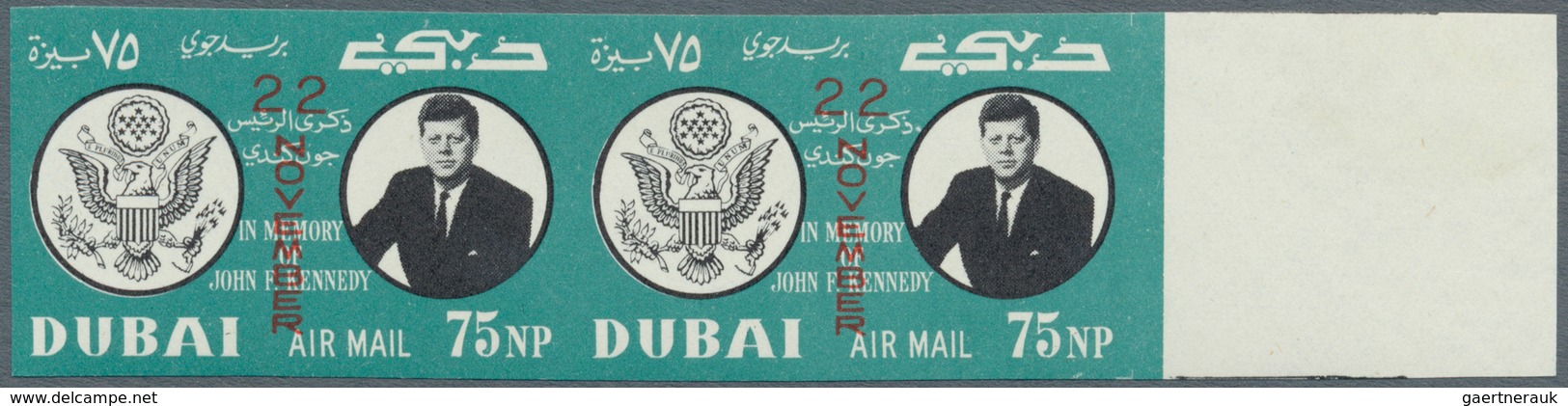 Dubai: 1964, Kennedy (Mi. # 113/115 and s/s # 22), collection with varieties, inverted centers, miss