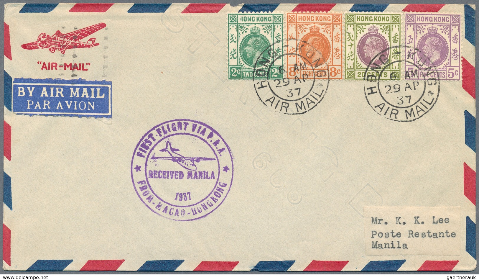 Hongkong: 1935/37, 6 First Flight Covers, From Hong Kong To Destinations Including Peking, Manila, G - Other & Unclassified