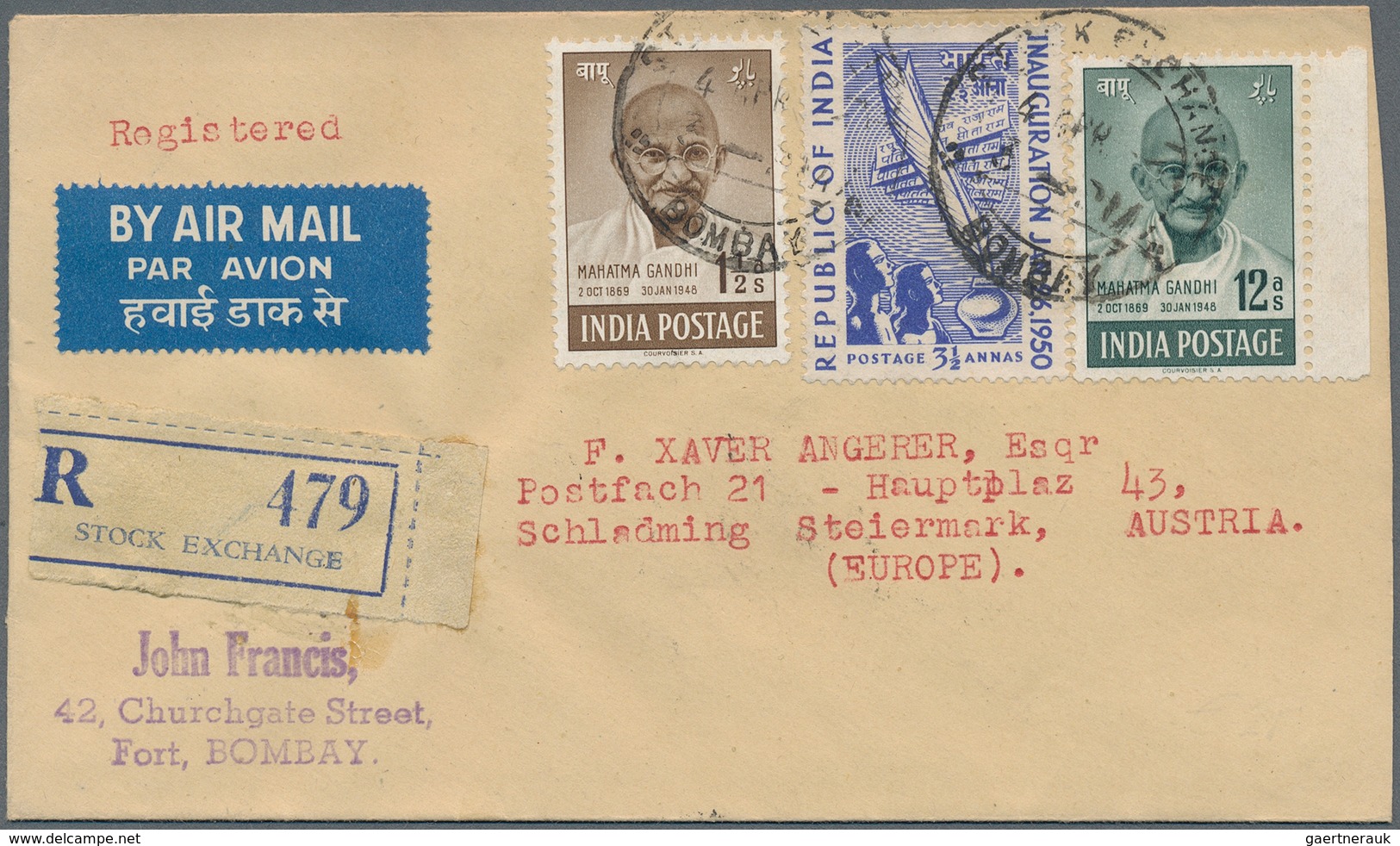 Indien: 1890/1953, Group Of Eight Covers/cards, Incl. Three Pieces With Gandhi Frankings, Registered - 1854 Britische Indien-Kompanie