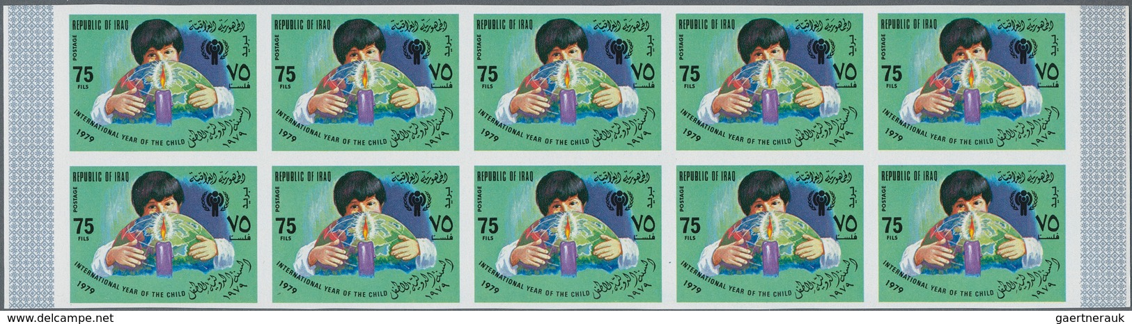 Irak: 1975/1983. Lot of 18,247 IMPERFORATE stamps, souvenir and miniature sheets showing various int