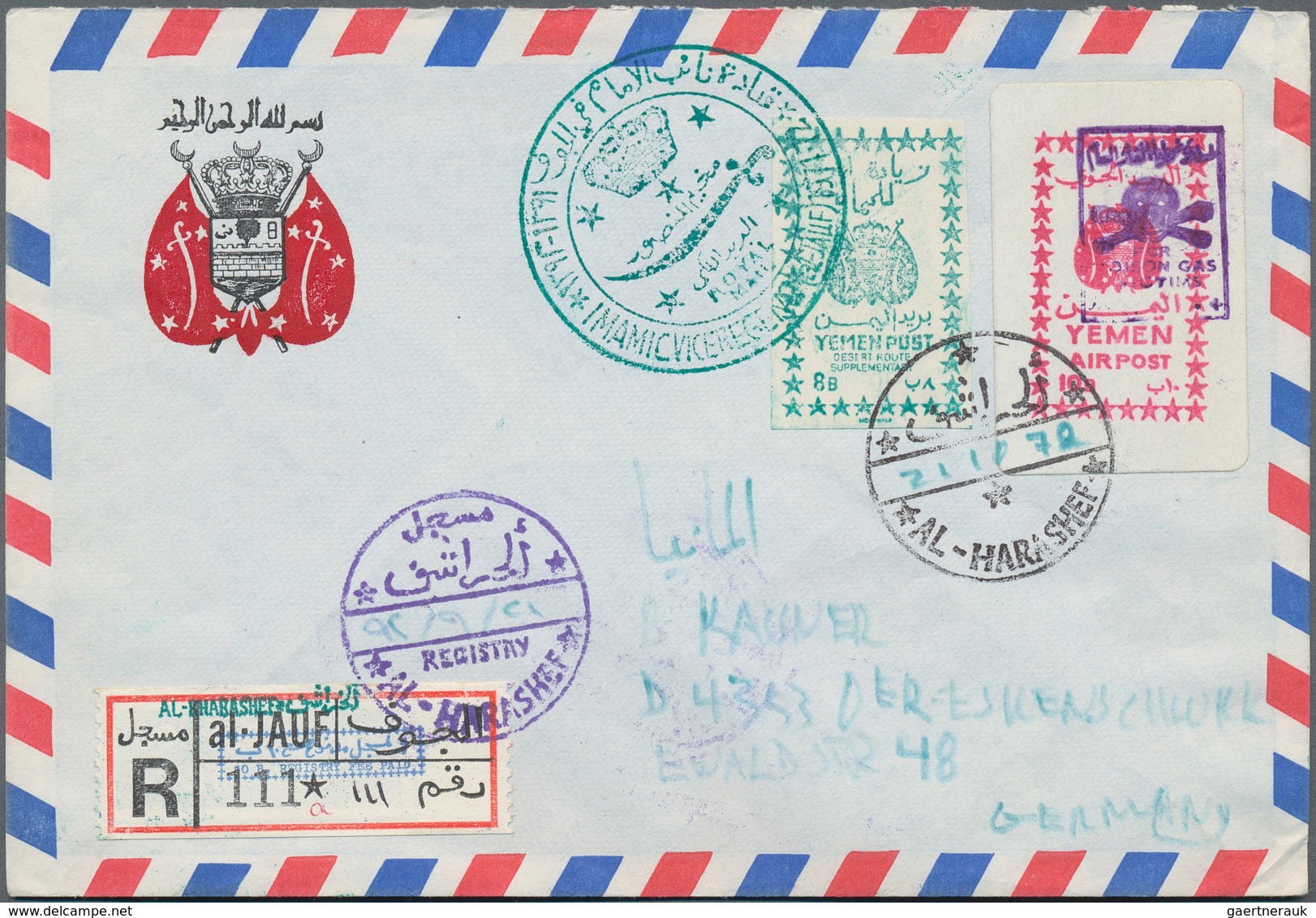 Jemen: 1930/70 (ca.), Kingdom covers (7), FDC (2 inc. 1960 olympics), 6 B. airletter blue cto (2, no