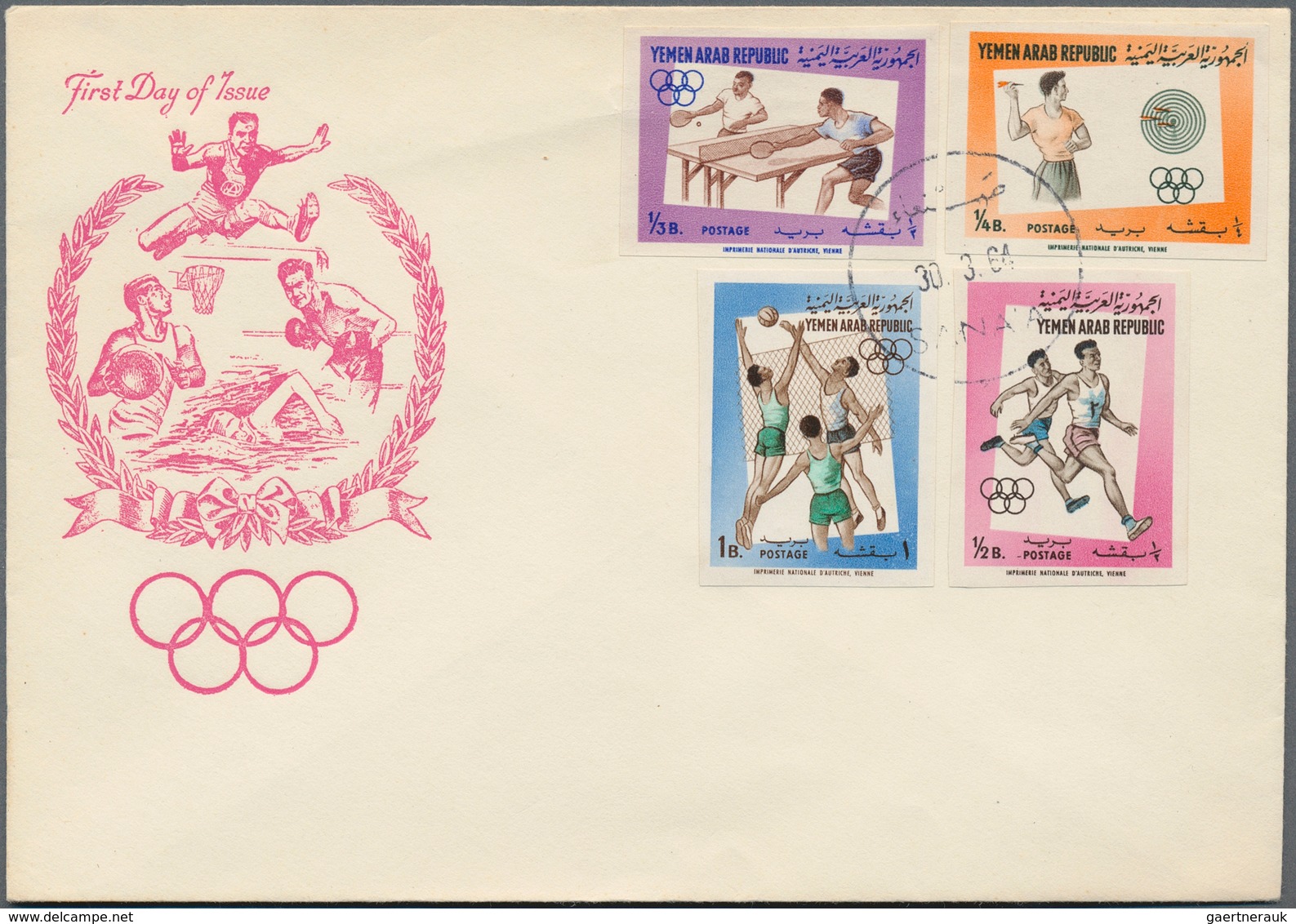 Jemen: 1930/70 (ca.), Kingdom covers (7), FDC (2 inc. 1960 olympics), 6 B. airletter blue cto (2, no