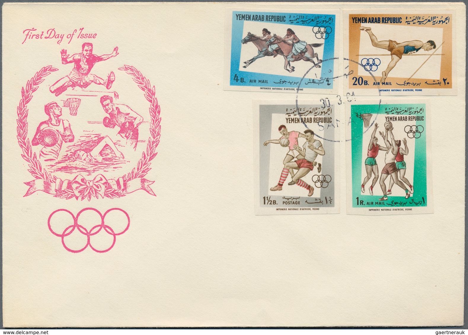 Jemen: 1930/70 (ca.), Kingdom covers (7), FDC (2 inc. 1960 olympics), 6 B. airletter blue cto (2, no