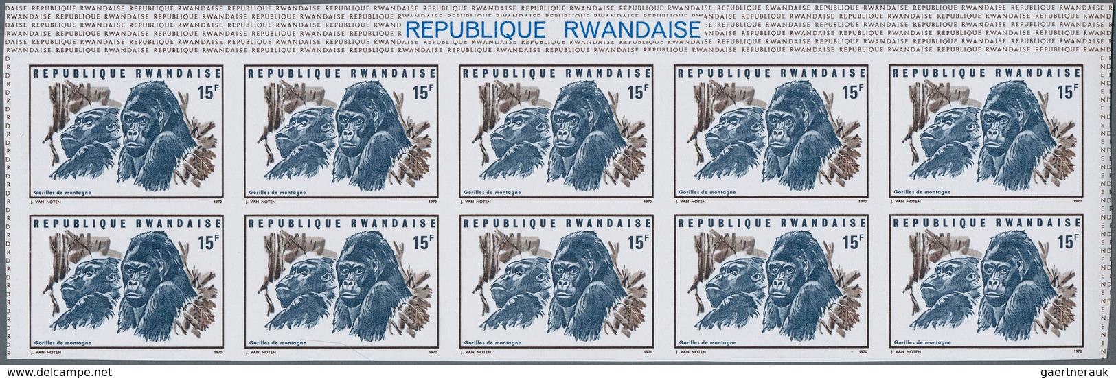 Ruanda: 1967/1975. Lot of 13,519 IMPERFORATE stamps, souvenir and miniature sheets showing various i