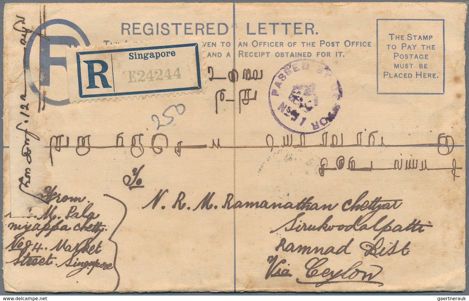 Singapur: 1887/1936, covers (7+1 front) inc. airmail to Germany on HAL envelope, 1915 censored to Is