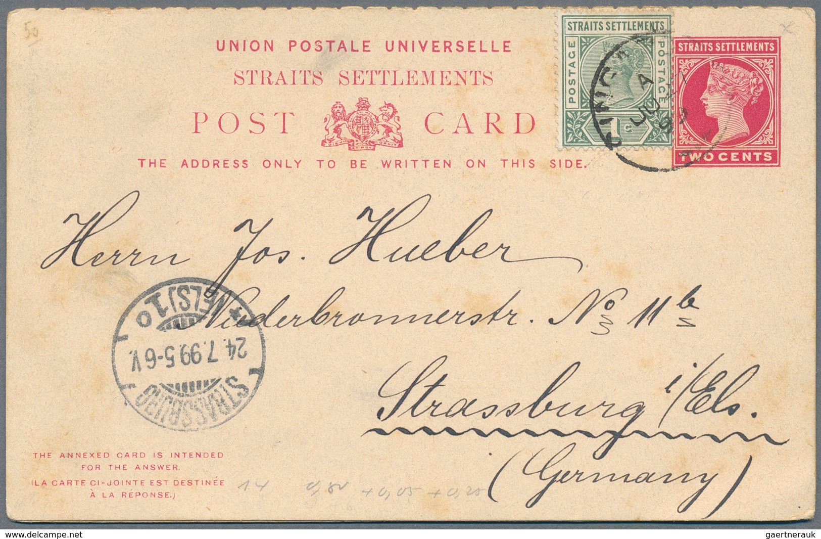 Singapur: 1887/1936, covers (7+1 front) inc. airmail to Germany on HAL envelope, 1915 censored to Is