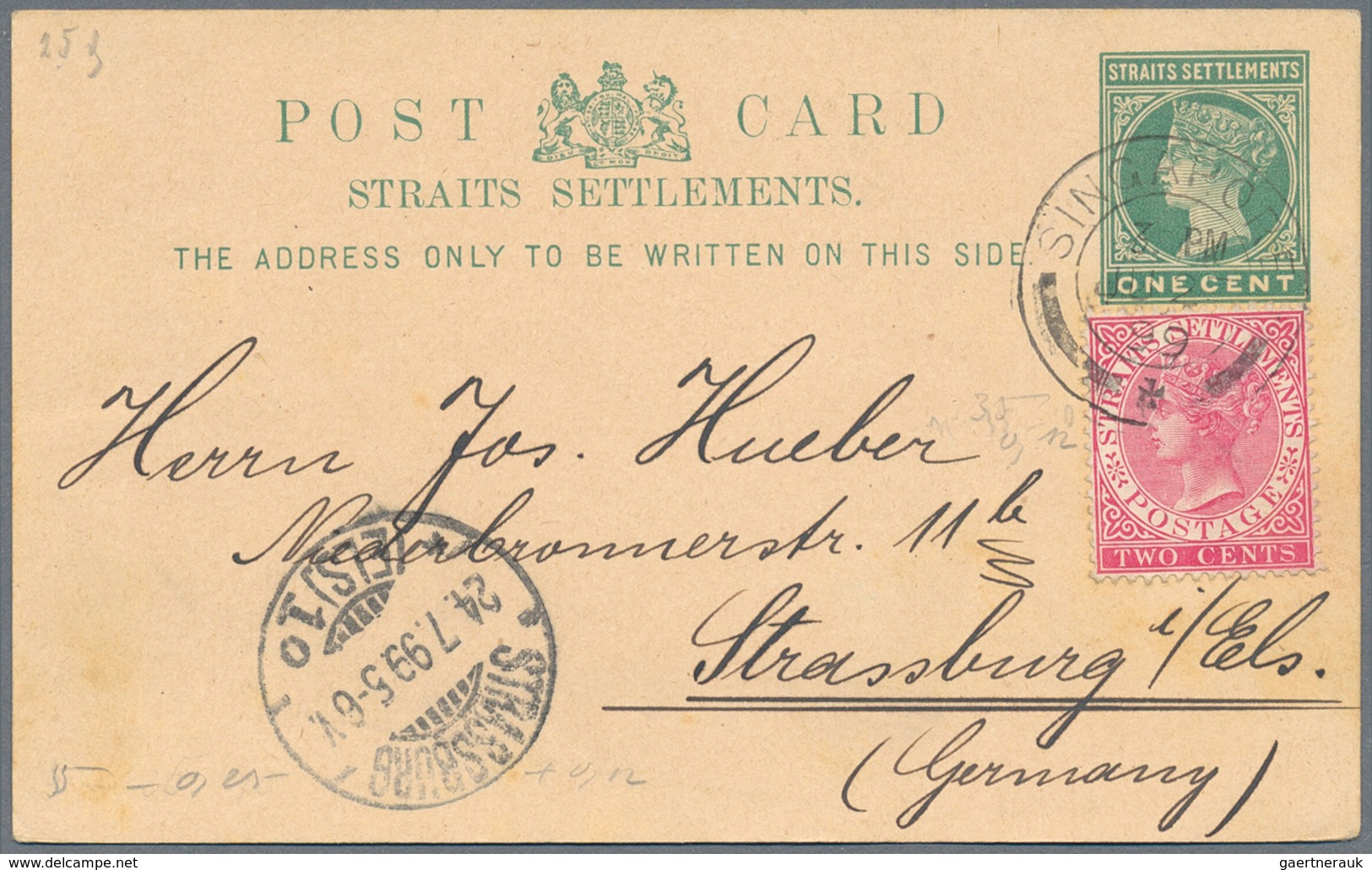 Singapur: 1887/1936, covers (7+1 front) inc. airmail to Germany on HAL envelope, 1915 censored to Is