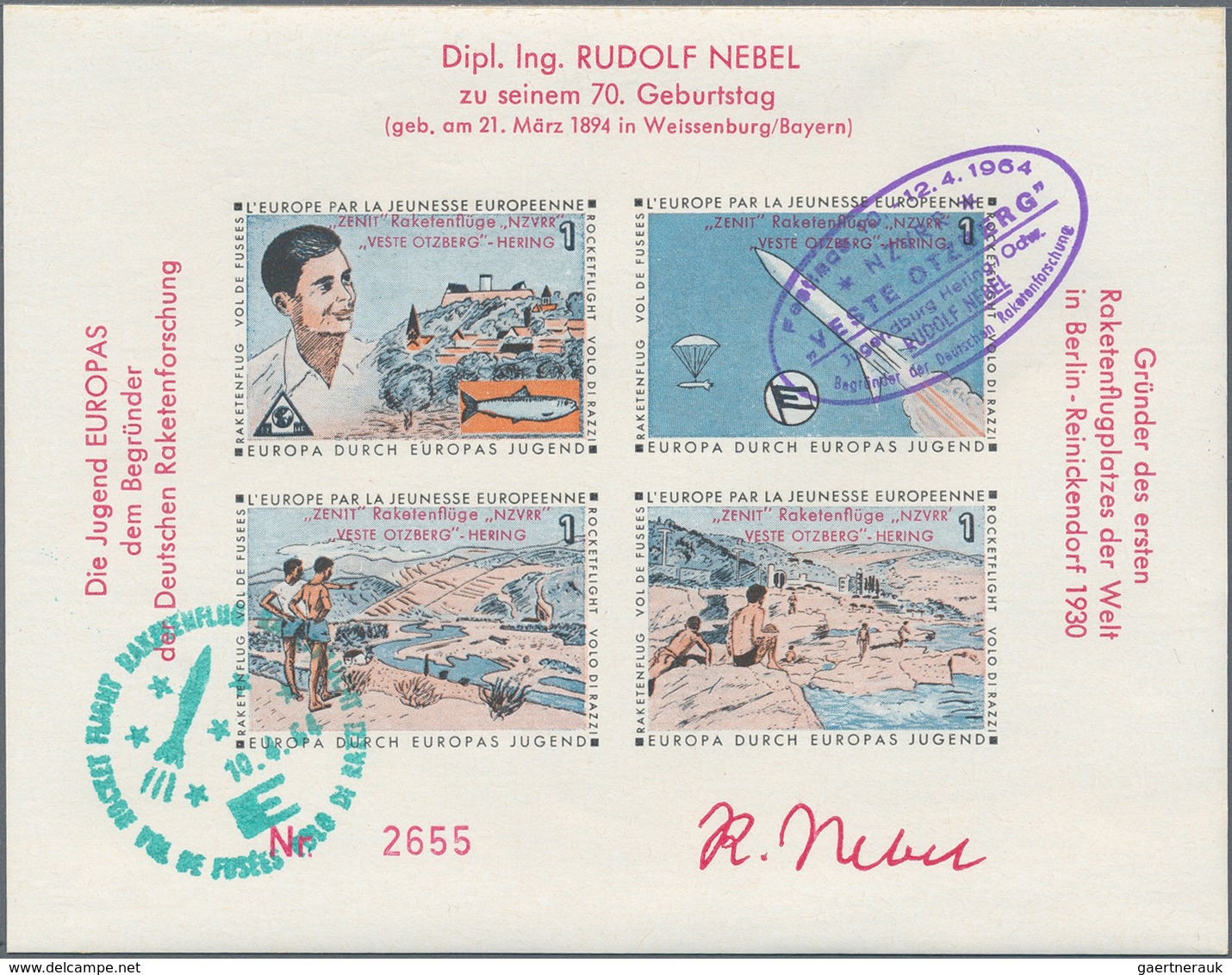 Raketenpost: 1964, 70th Birthday Of Rudolf Nebel, Coloured Vignette On Gummed Paper And With Two Cac - Sonstige & Ohne Zuordnung