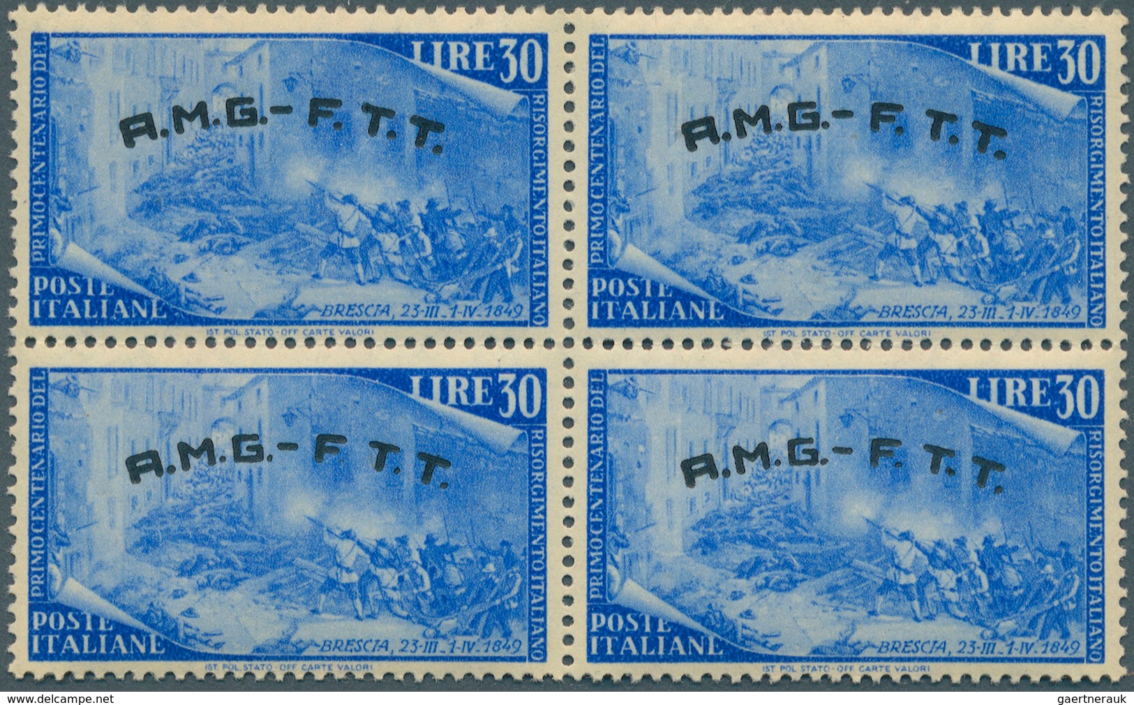 Triest - Zone A: 1948, 30 L. Freimarken 1948 Blau (Mi. Nr. 43), 400 Postfrische 4er-Blocks, Linke Un - Gebraucht