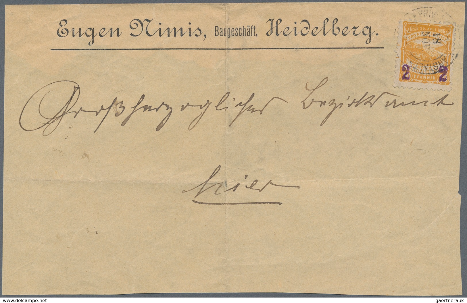 Deutsches Reich - Privatpost (Stadtpost): 1890, HEIDELBERG Privatpost, 2 Auf 10 Pf Gelborange (MiNr. - Private & Local Mails