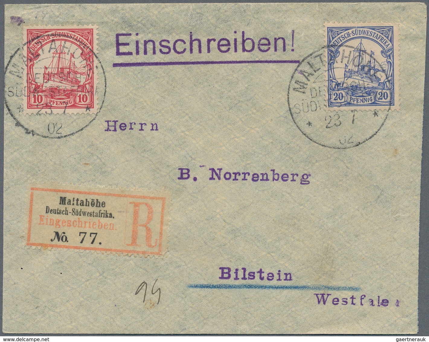 Deutsch-Südwestafrika: 1902/1907, Duett Mit Einschreibebriefen, Jeweils Frankiert Mit 10 Pf U. 20 Pf - German South West Africa