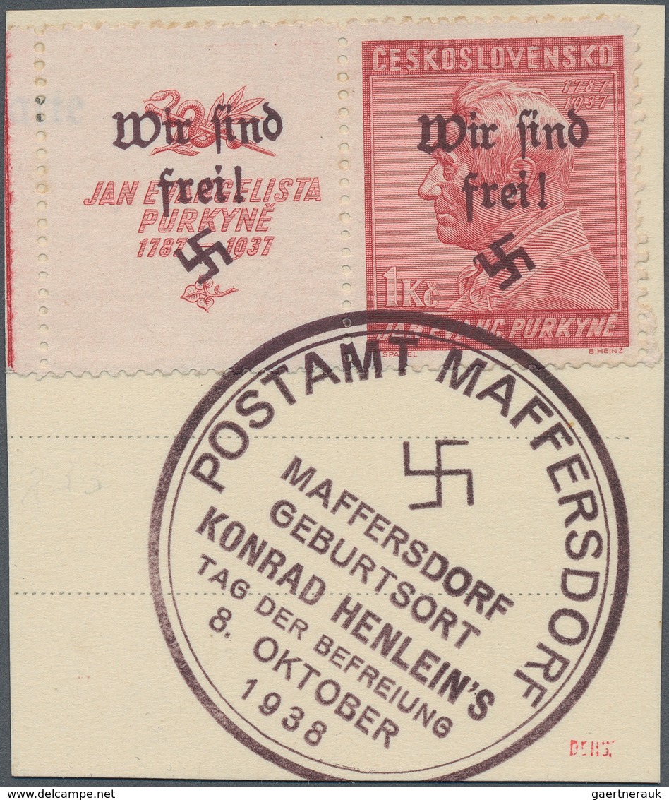 Sudetenland - Maffersdorf: 1938, 1 Kc. Karminrot "Purkyně" Mit Anhängendem überdrucktem Zierfeld, Au - Sudetenland