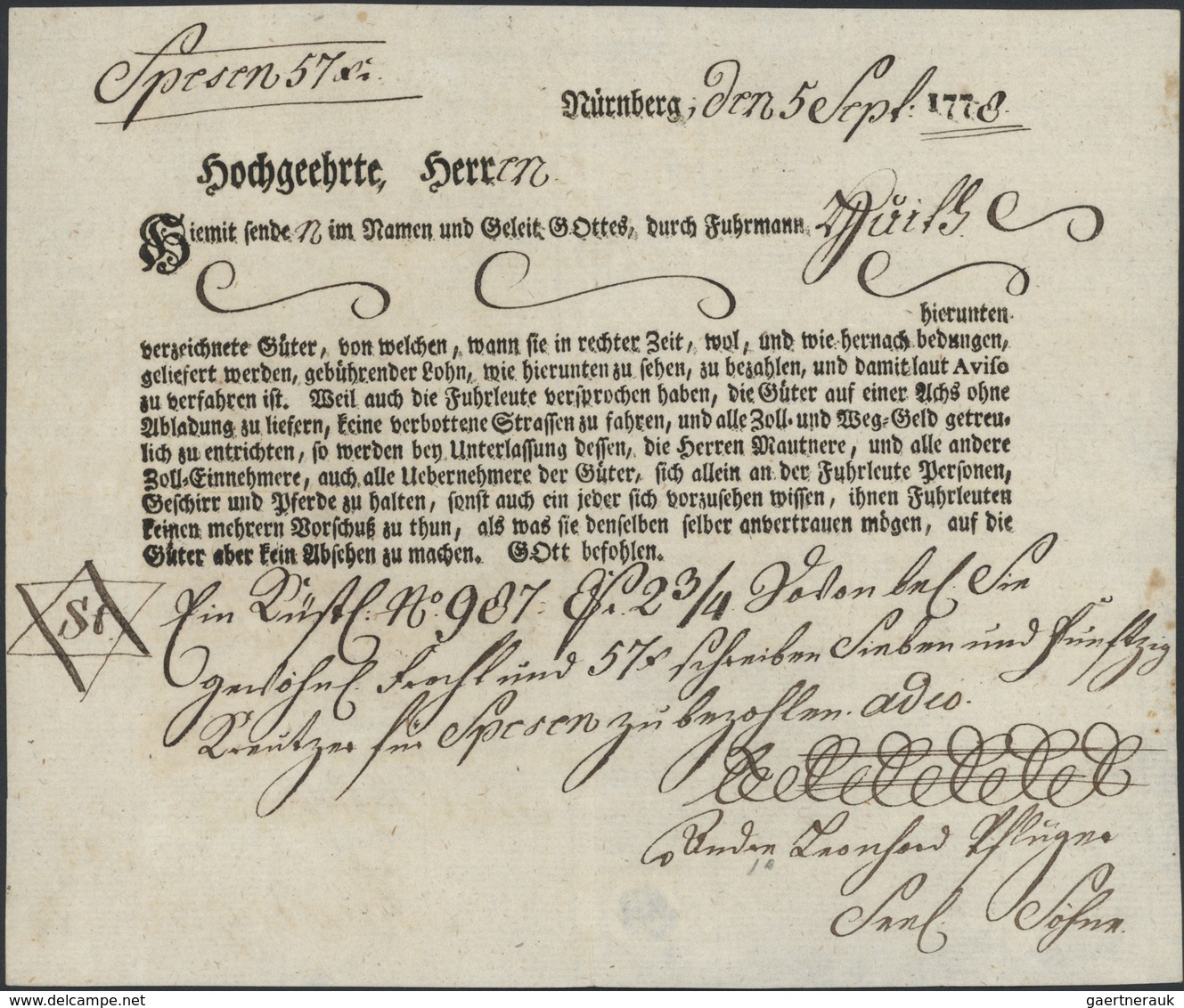 Heimat: Bayern: NÜRNBERG: 1778/1852 Ca., Konvolut Von 9 Fuhrmannsbriefen Bzw. -Belegen, Davon 2 Stüc - Sonstige & Ohne Zuordnung