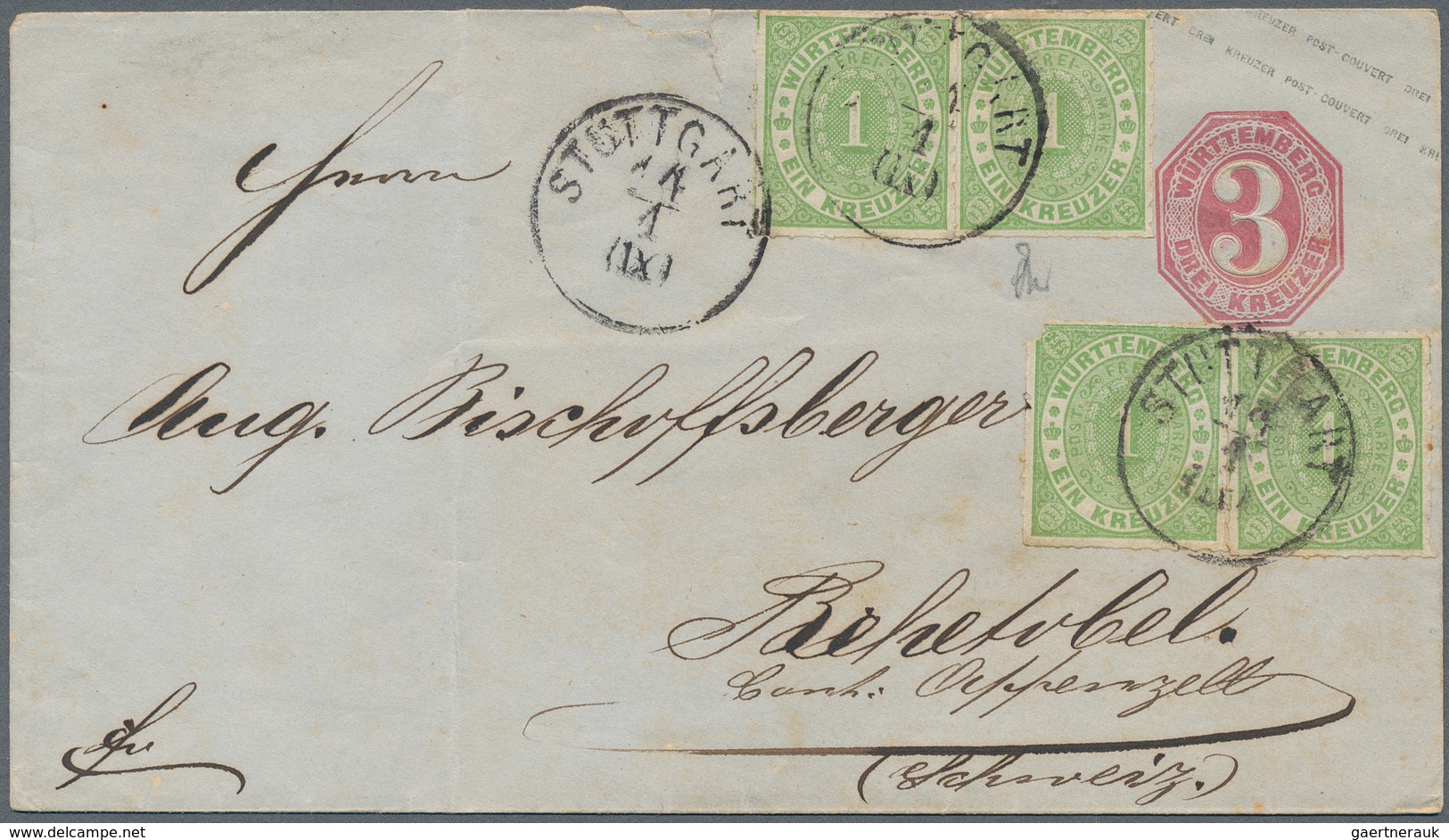 Württemberg - Ganzsachen: 1873/1875, Lot Von Vier Ganzsachenumschlägen In Die Schweiz: 3 Kr. Mit Auf - Sonstige & Ohne Zuordnung