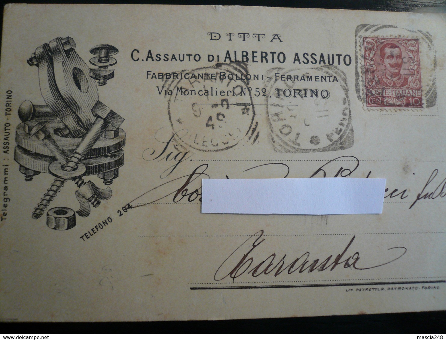 Torino Bulloneria   Testatina Pubblicitaria  Usata 1901 - Altri & Non Classificati