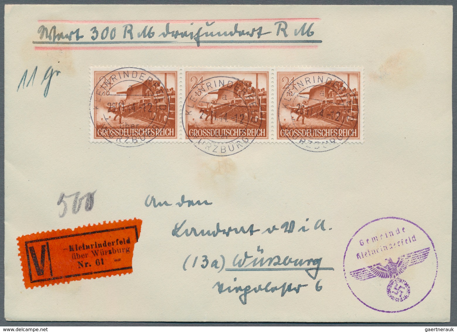 Deutsches Reich - 3. Reich: 1944, Partie von neun Wertbriefen mit exakt portogerechten Mehrfachfrank
