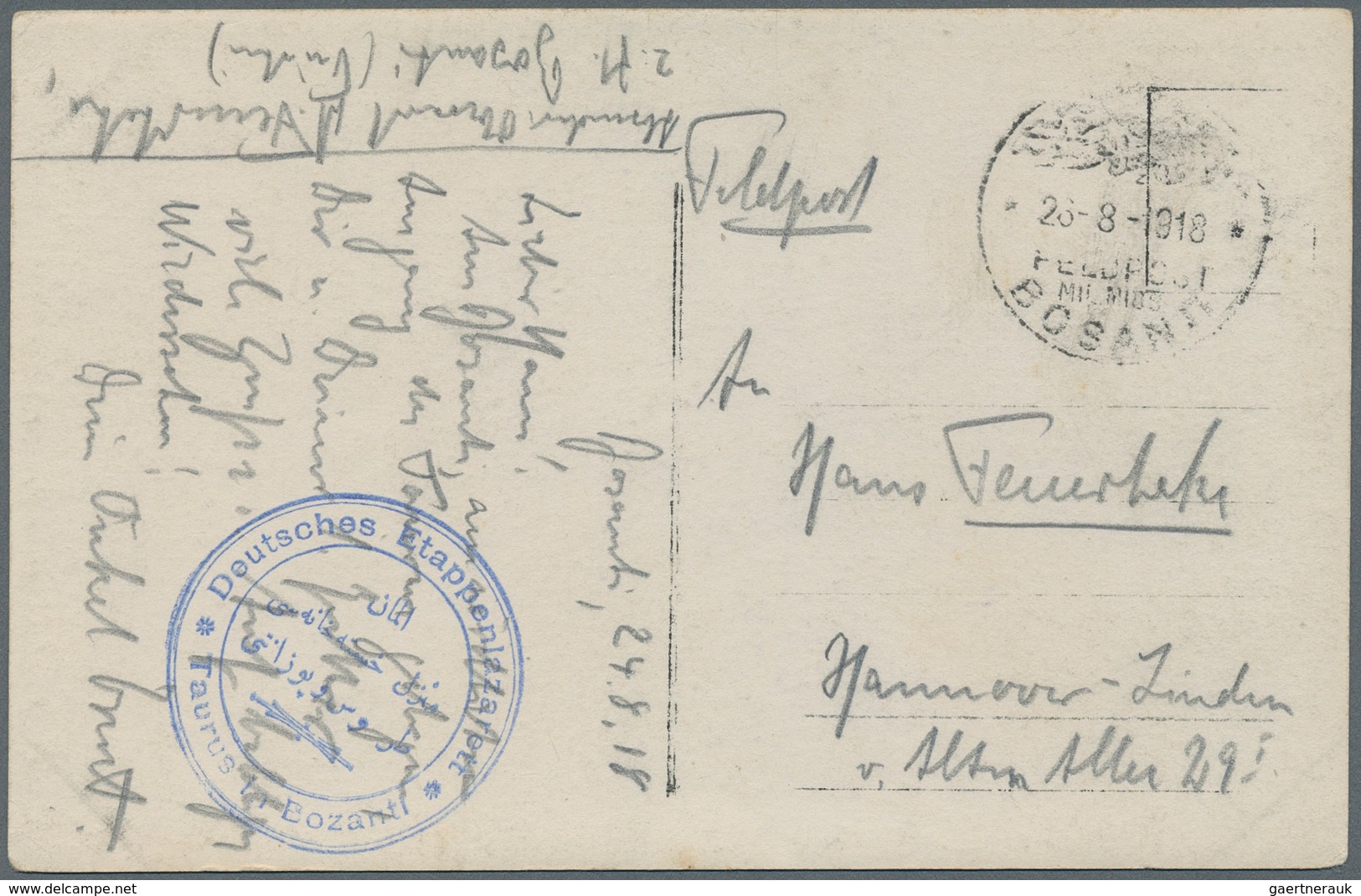 Deutsche Post In Der Türkei - Stempel: 1915/1918, Acht Belege Mit Versch. Truppenstempeln Von Sanitä - Turkey (offices)