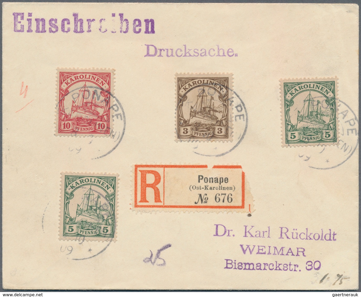 Deutsche Kolonien - Karolinen - Stempel: 1901/1912, drei Ausstellungsseiten mit vier Briefen/Ganzsac