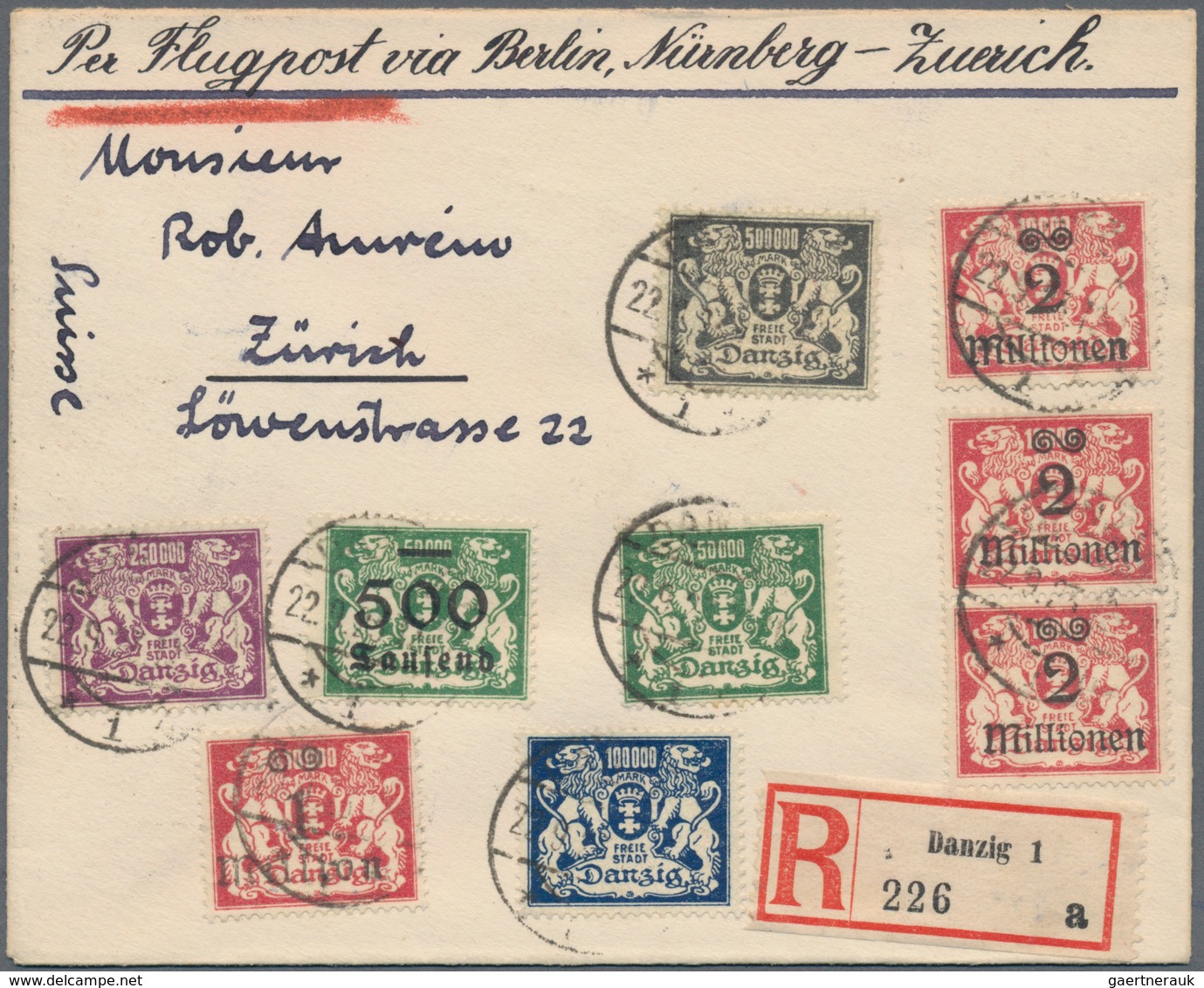 Danzig: 1898/1939 (ca.), interessanter Posten von über 70 Belegen, dabei seltene Frankaturen, R-, Ex