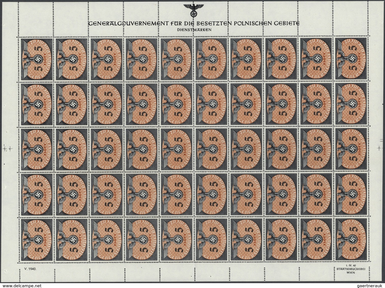 Dt. Besetzung II WK - Generalgouvernement - Dienstmarken: 1940. Posten 3 Zl Und 5 Zl, Je 100 Stück I - Occupation 1938-45