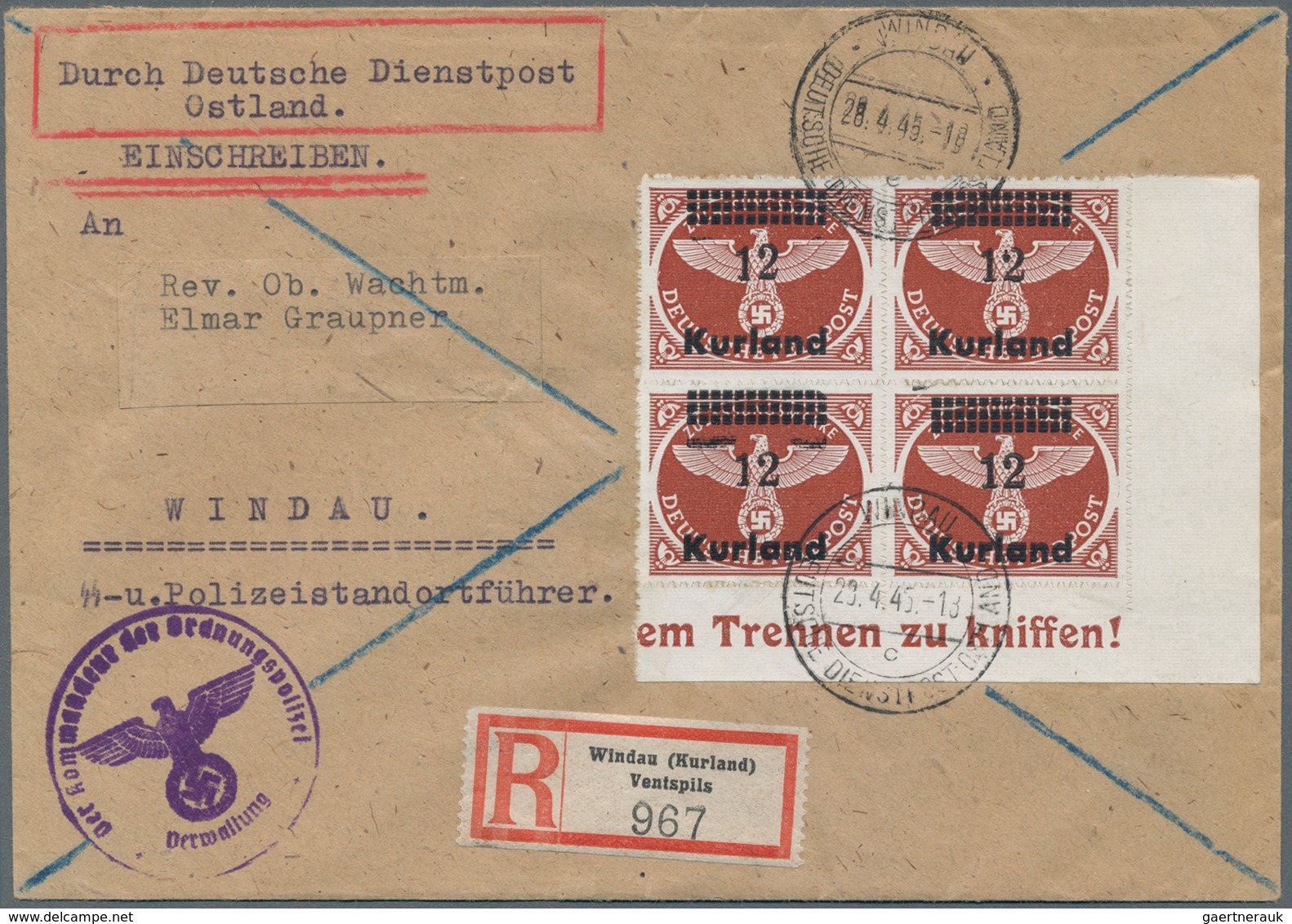 Dt. Besetzung II WK - Kurland: 1945, Partie Mit 5 Philatelistischen Belegen, Dabei Unterschiedliche - Occupation 1938-45