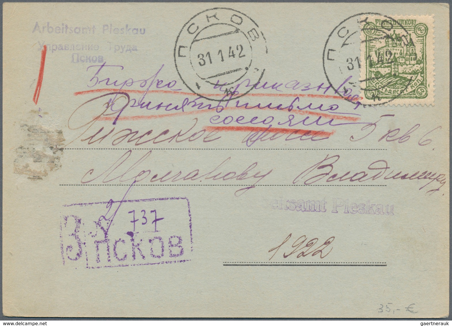 Dt. Besetzung II WK - Russland - Pleskau (Pskow): 1941/1942, Kleines Lot Von Insgesamt 16 Belegen, D - Occupation 1938-45