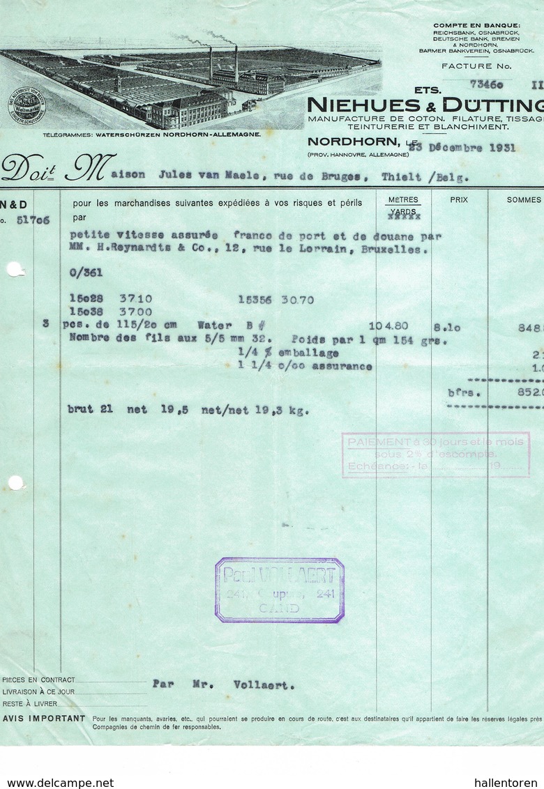 Nordhorn, Gent : 1931, Ets. Niehues & Dütting; Manifacture De Coton, Filature, Tissage, Teinture Et Blanchiment - Autres & Non Classés