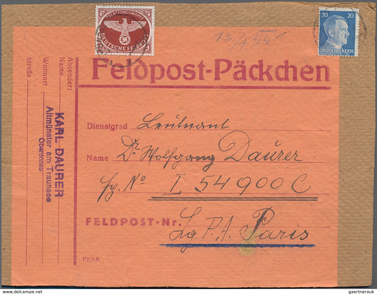 Feldpostmarken: 1942/1944, Zwei Belege Mit Feldpost Zulassungsmarke An Gleiche Person. - Other & Unclassified