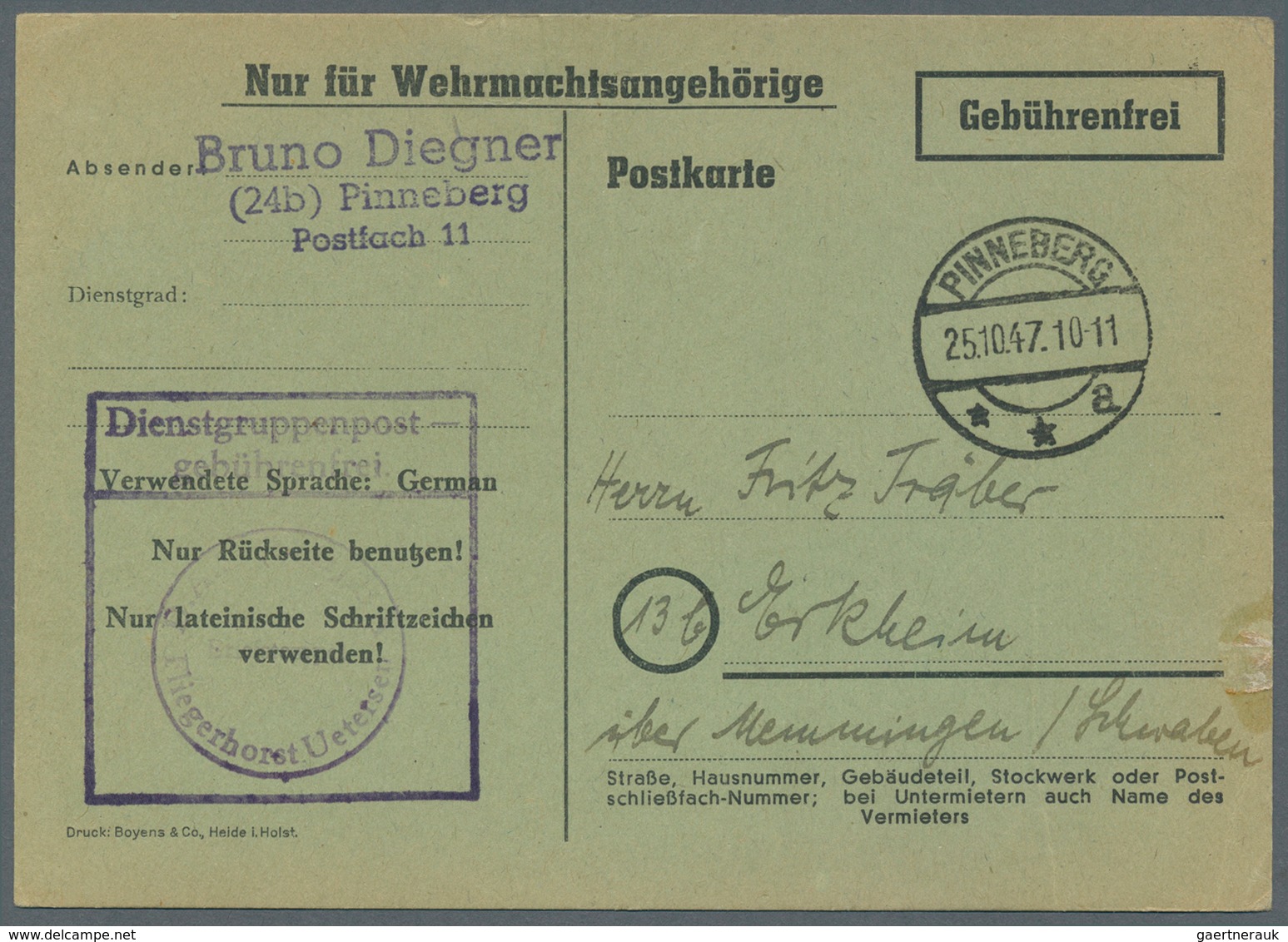 Feldpost 2. Weltkrieg: 1945/1950, Dienstgruppenpost Von Wehrmachtsangehörigen Teils Mit Einheitsstem - Other & Unclassified