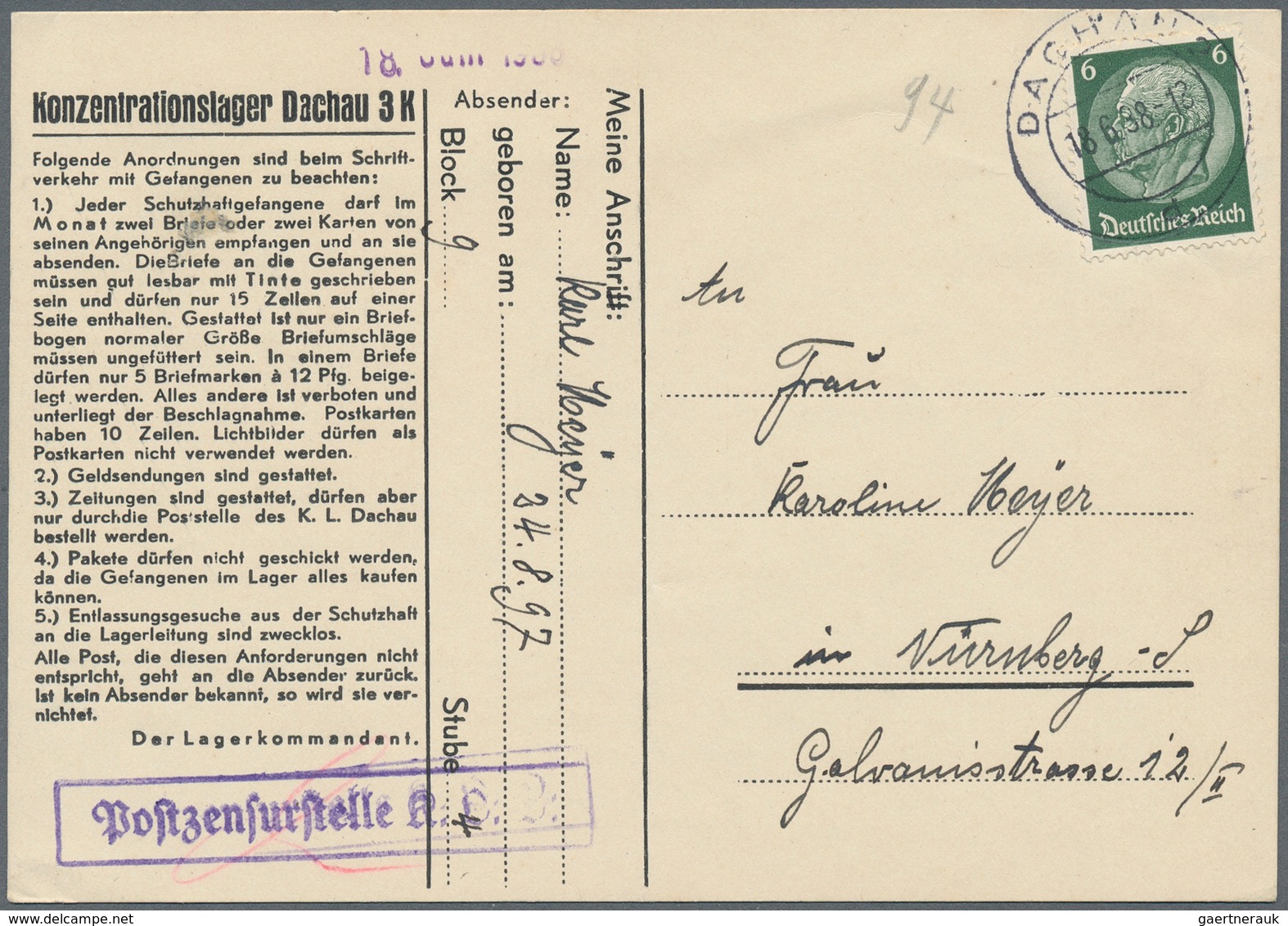 KZ-Post: 1934/1945, Sammlung von insgesamt ca. 220 Belegen, Vordrucken und Dokumenten, dabei Belege
