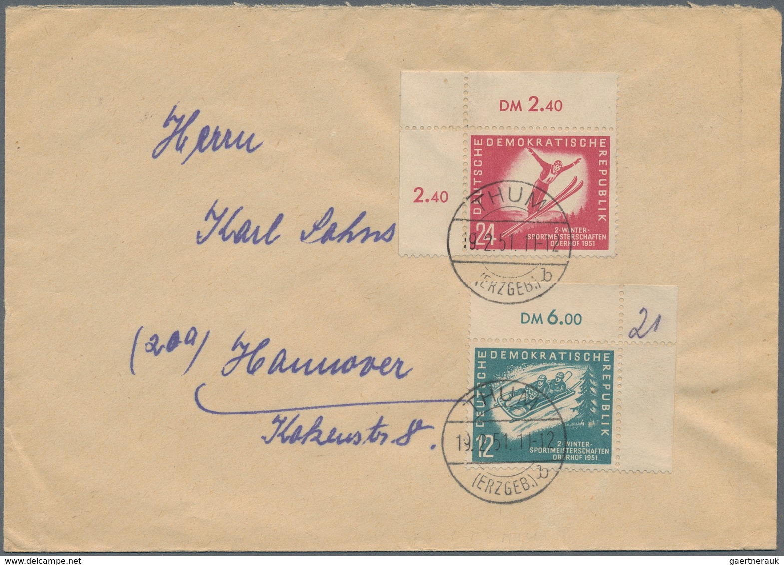 DDR: 1951, Wintersport (MiNr. 280/81), Lot Von Vier Briefen, Dabei MeF, SST, Bogenecken. - Collections