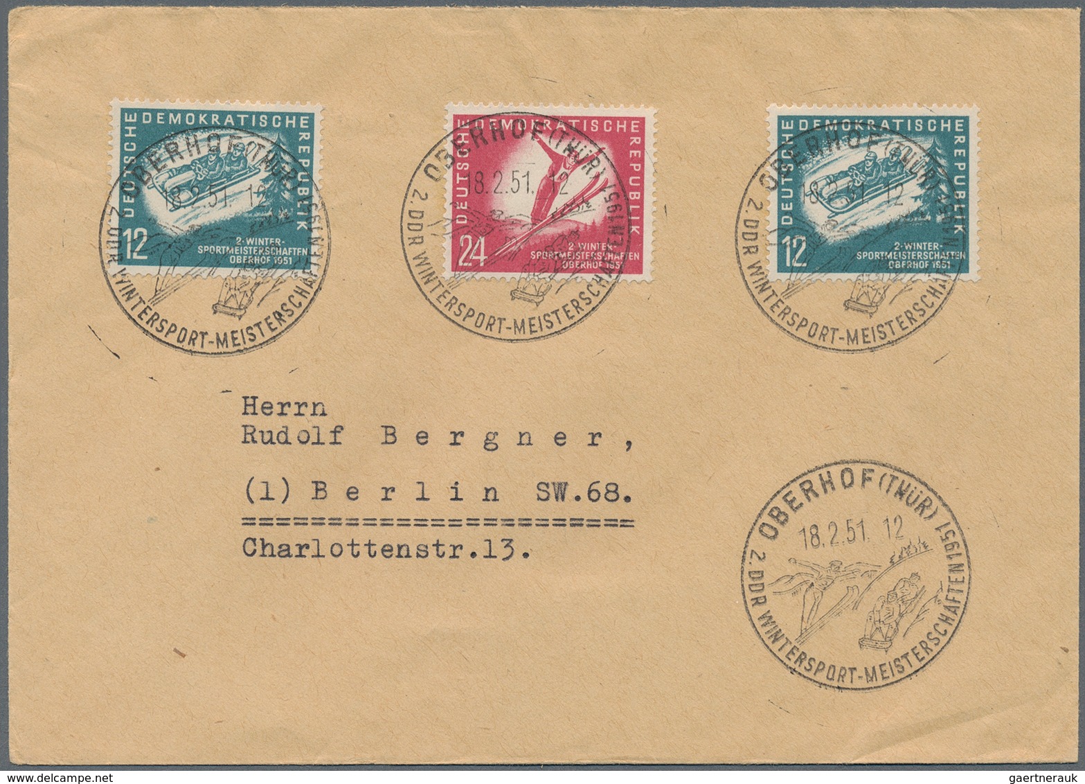 DDR: 1951, Wintersport (MiNr. 280/81), Lot Von Vier Briefen, Dabei MeF, SST, Bogenecken. - Collections