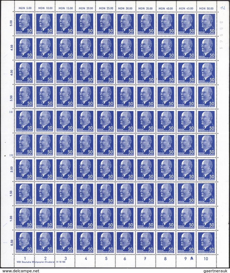 DDR: 1963, Ulbricht, 50 Pfg. Blau, 5 Komplette 100er-Bögen Mit Unterschiedl. DZ 'A', 'C' Etc., 4 Bög - Collections