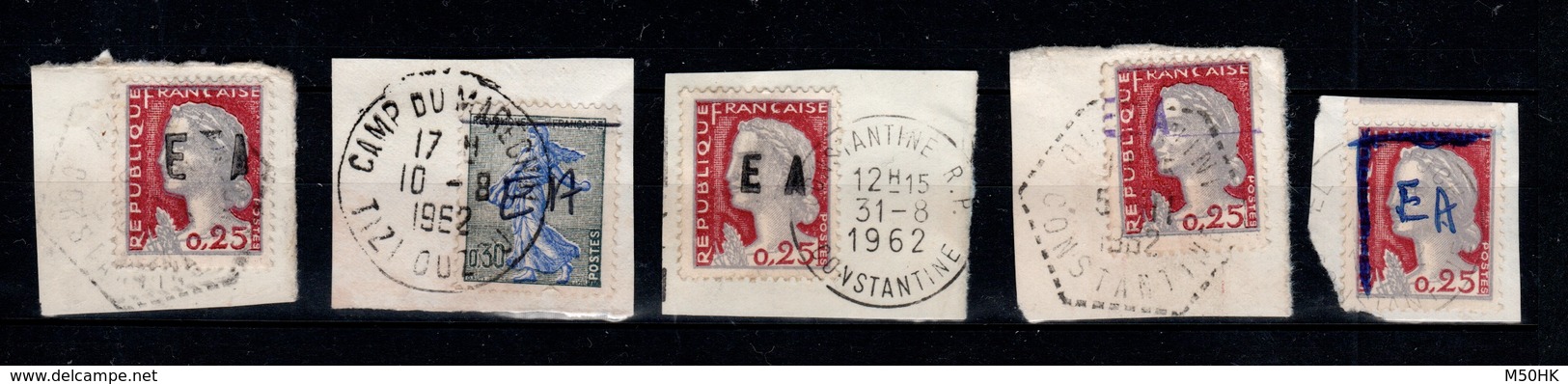 Algerie - Collection (14 scans) de 69 timbres surchargés EA Etat Algerien oblitérés sur fragments