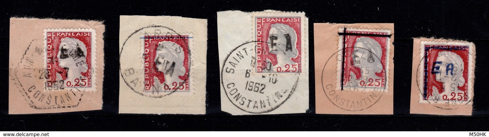 Algerie - Collection (14 scans) de 69 timbres surchargés EA Etat Algerien oblitérés sur fragments