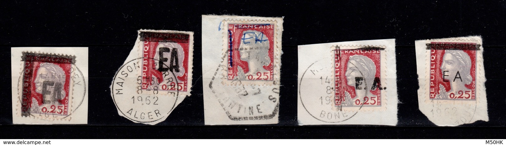 Algerie - Collection (14 scans) de 69 timbres surchargés EA Etat Algerien oblitérés sur fragments