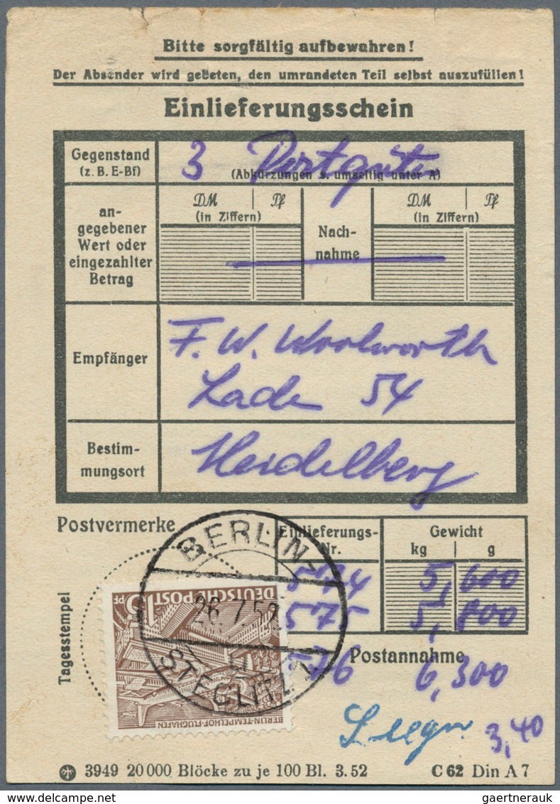 Berlin: 1949, Partie Mit 10 Einlieferungsscheinen Für Pakete Bzw. Postgüter, Jeder Schein Mit Einzel - Unused Stamps