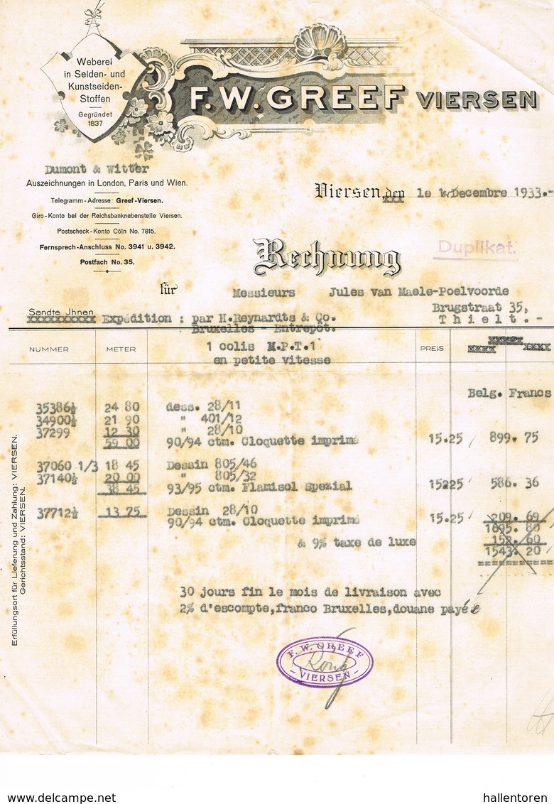 Viersen, Brussel:1933, F.W.Greef , Weberei In Seiden- Uns Kunstseiden - Stoffen. - Autres & Non Classés