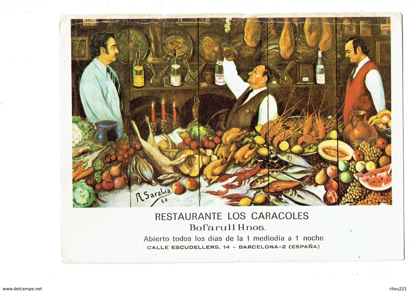 Cpm Illustration SARABIA - Restaurante LOS CARACOLES Barcelona Pastèque Crevette Carotte Lapin Fruits De Mer Moule Vin - Hotels & Restaurants