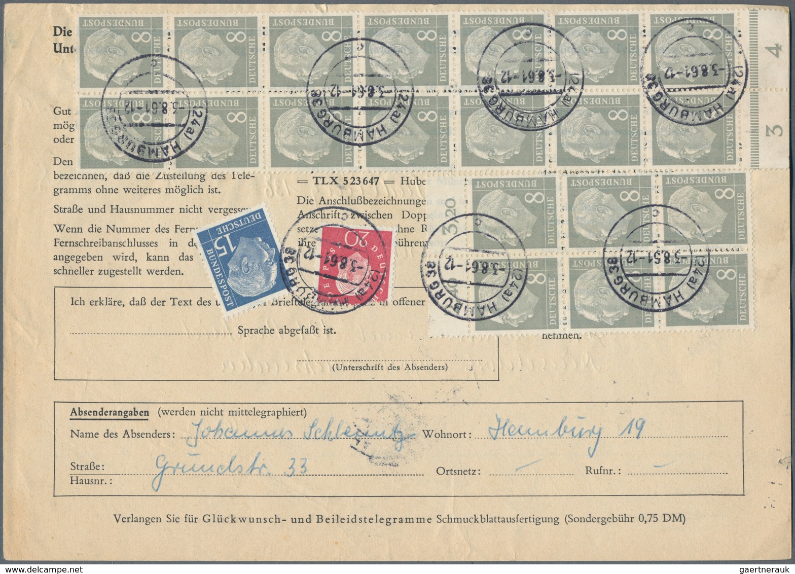 Bundesrepublik Deutschland: 1961, Fünf Telegramme Alle Vom Postamt (24a) HAMBURG 36 Rückseitig Frank - Collections