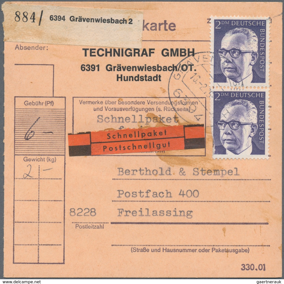 Bundesrepublik Deutschland: 1976/1978, Bestand von ca. 760 frankierten Paketkarten-Stammteilen mit F