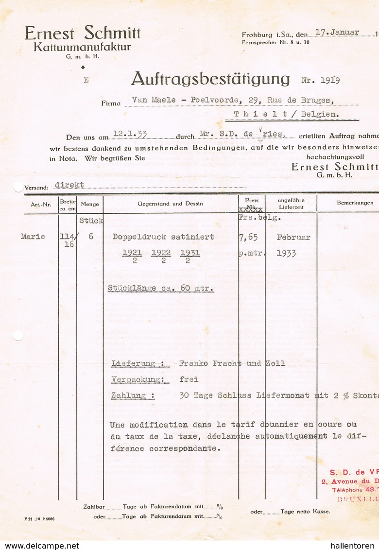 Frohburg I.Sa., Brussel: 1933, Ernest Schmitt, Kattunmanifaktur - Autres & Non Classés