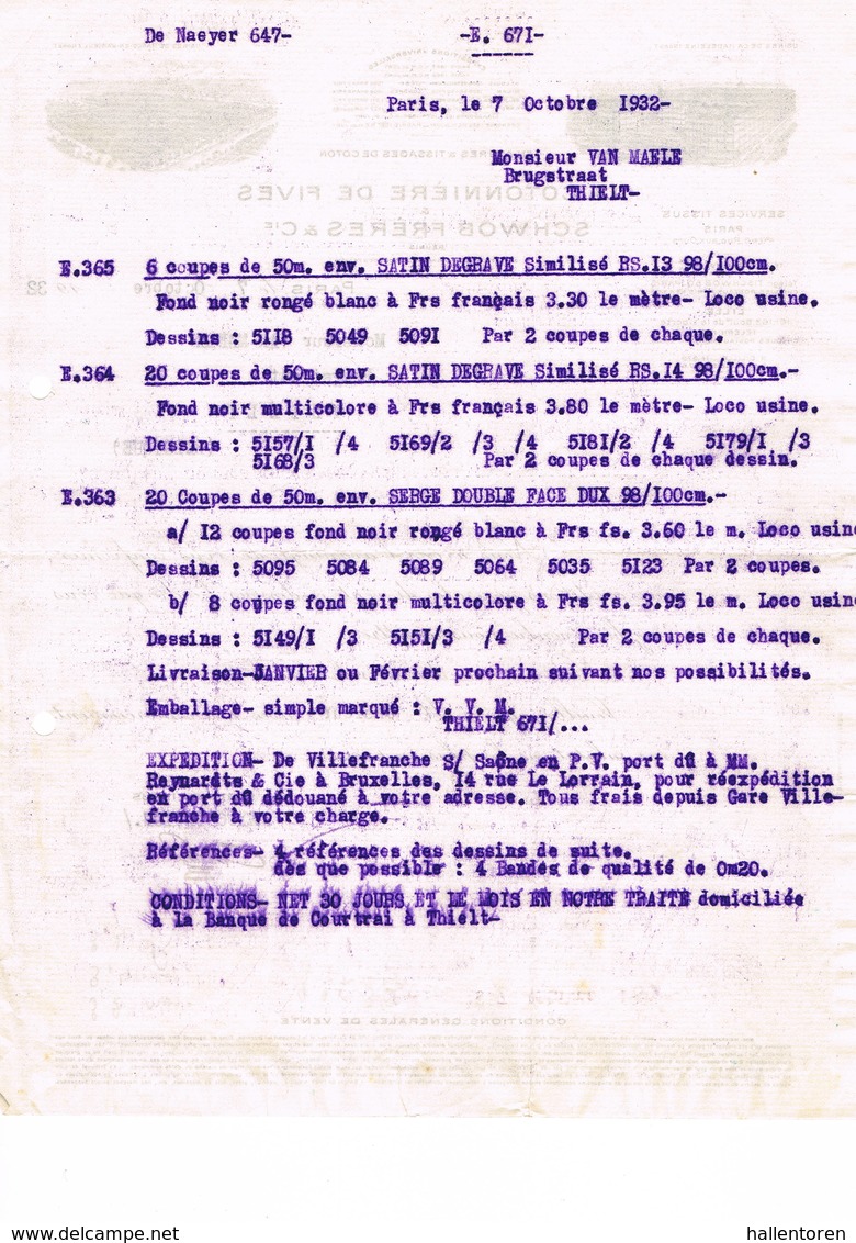 Paris: 1932, La Cotonnière De Fives & Schwob Frères & Cie; Filatures & TTssages De Coton ( 2 Scans) - Autres & Non Classés