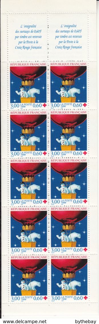 France 1996 MNH Sc B676b Booklet 10 + 2 Labels Snowman, Polar Bear In Hot Air Balloon Christmas - Croix Rouge