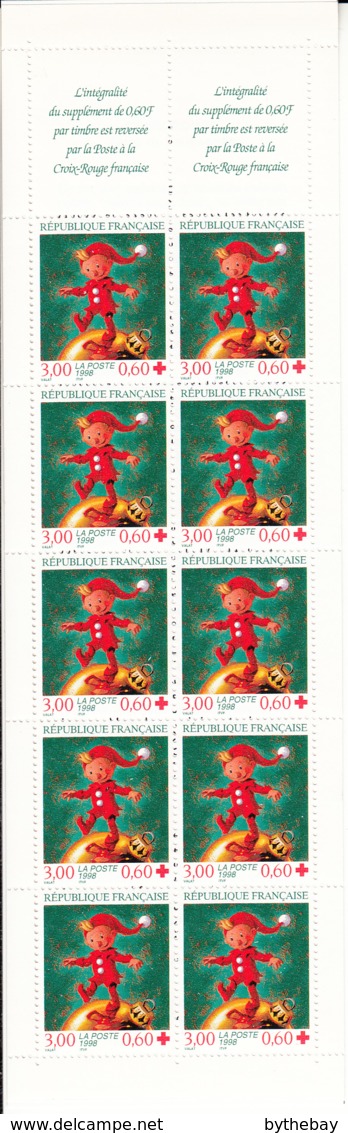 France 1998 MNH Sc B690b Booklet 10 + 2 Labels Elf In Red, Ornament Christmas - Croix Rouge