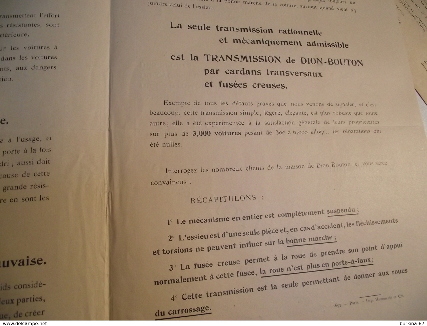 De DION BOUTON, Livret Publicitaire, Transmission , Salon  1902 - Publicités