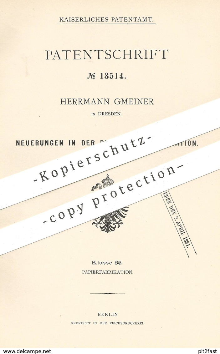 Original Patent - Herrmann Gmeiner , Dresden , 1880 , Buntpapier - Fabrikation | Papier | Tapete | Karton , Walze !! - Historische Dokumente