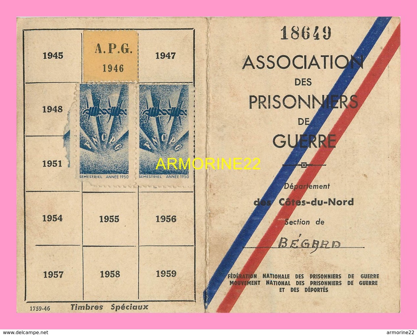 CARTE ASSOCIATION DES PRISONNIERS DE GUERRE  Des Cotes Du Nord  1946 - Dokumente