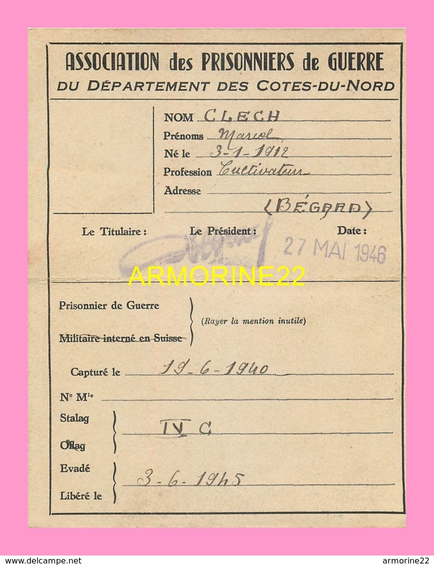 CARTE ASSOCIATION DES PRISONNIERS DE GUERRE  Des Cotes Du Nord  1946 - Dokumente