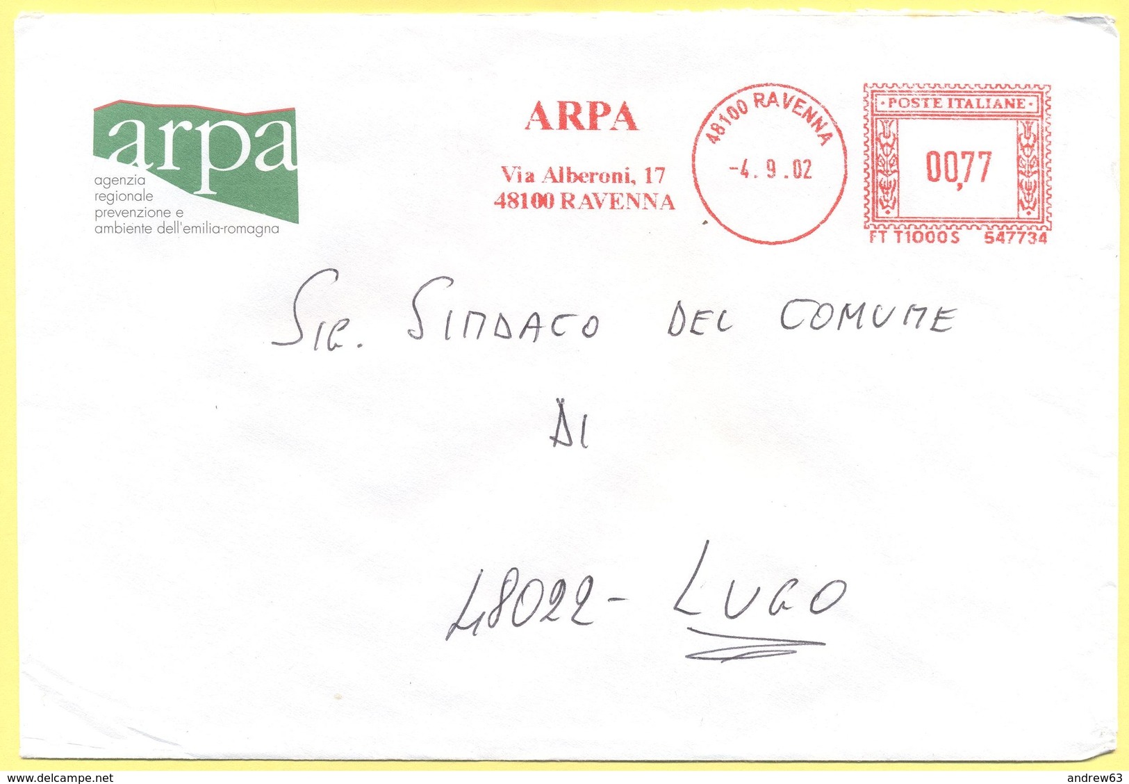 ITALIA - ITALY - ITALIE - 2002 - 00,77 EMA, Red Cancel - ARPA - Viaggiata Da Ravenna Per Lugo - Macchine Per Obliterare (EMA)